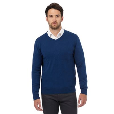 Big and tall blue V neck jumper with silk and cashmere